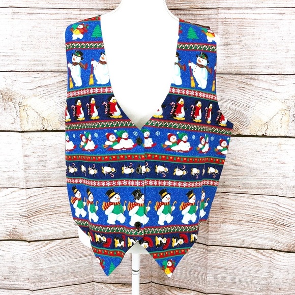 Vintage 111 Main Blue and Black Festive Snowman and Penguin Vest Size L - Picture 1 of 10